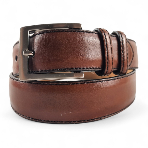 W. KLEINBERG Tobacco Brown Double Loop Leather Belt Nickel Black Edging USA 34 - Picture 3 of 8